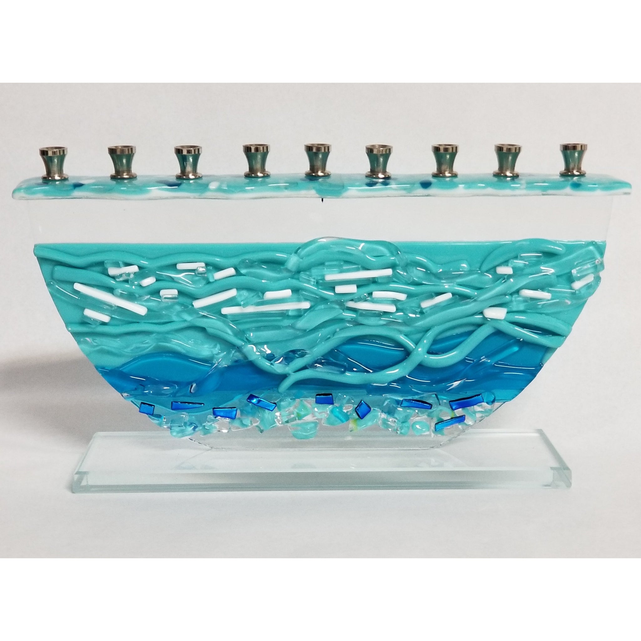 Menorah – aqua deals blue and white fused glass